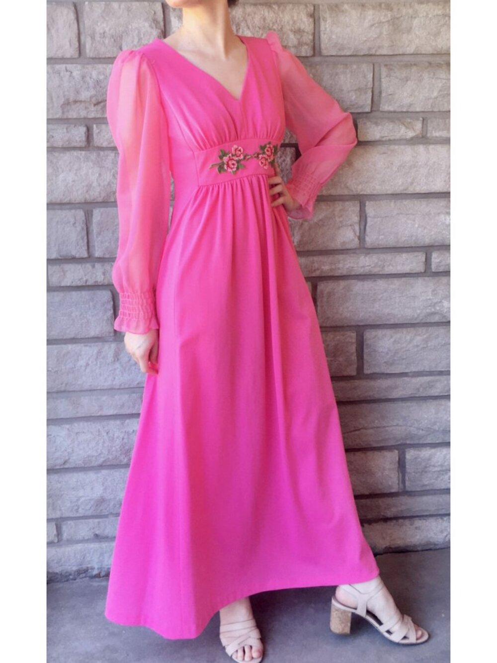 1970s Hot Pink Maxi Dress with Rose Applique